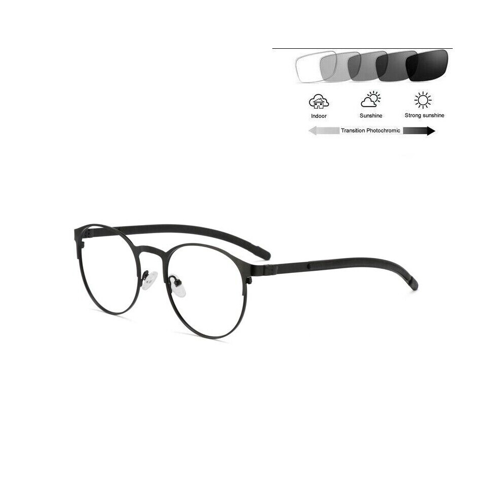 (Black, +2.0) Metal Outdoor Womens Mens Round UV Photochromic Reading Glasses 0~+4.0-image-OPC-PHCTTSR-NEW