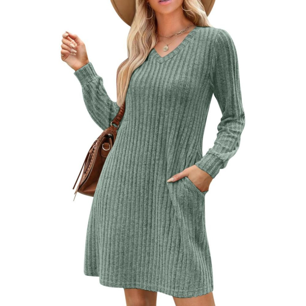 (green, XL) Womens V Neck Fall Dresses Long Sleeve Casual Sweater Short Dress Fashion Clothes