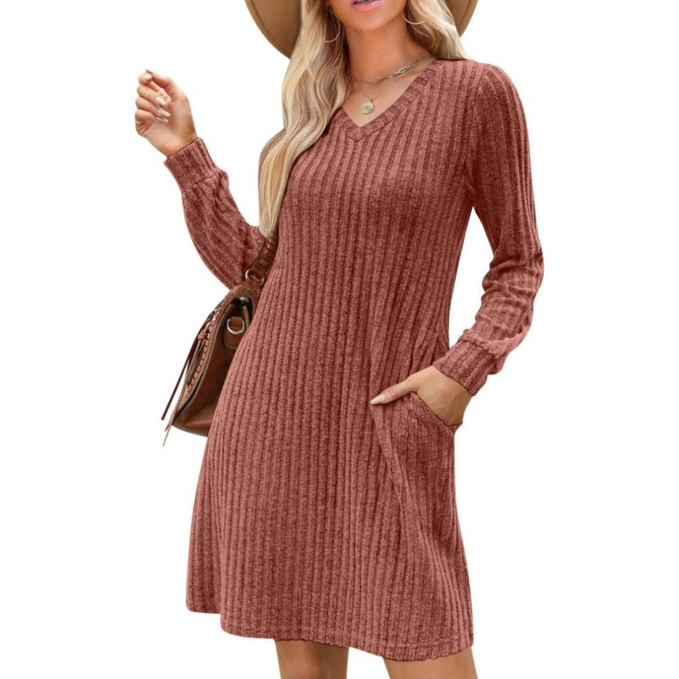 (coffee, XXL) Womens V Neck Fall Dresses Long Sleeve Casual Sweater Short Dress Fashion Clothes