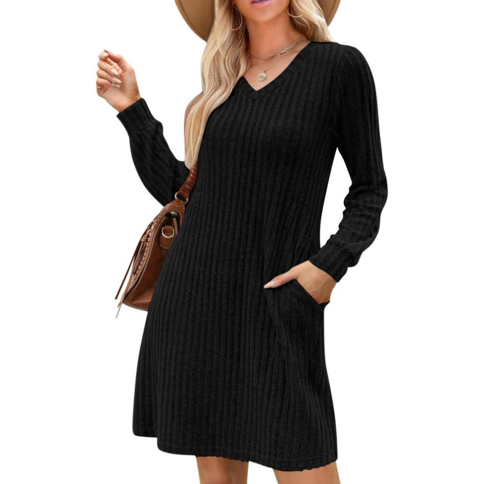 (black, M) Womens V Neck Fall Dresses Long Sleeve Casual Sweater Short Dress Fashion Clothes