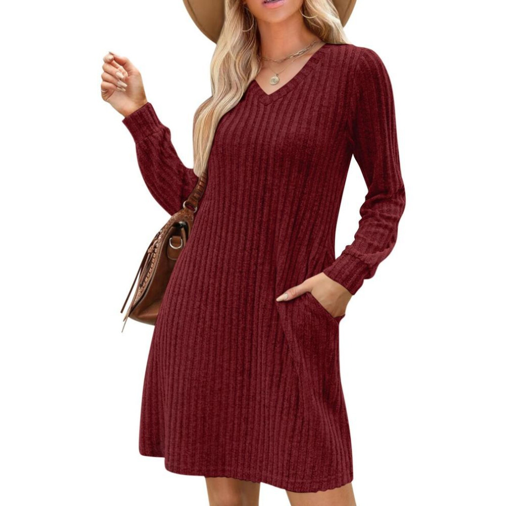 (wine, XL) Womens V Neck Fall Dresses Long Sleeve Casual Sweater Short Dress Fashion Clothes