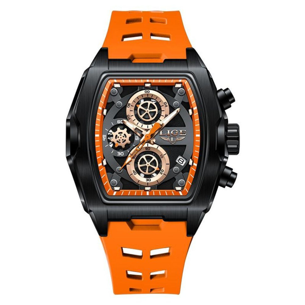 (orange) LIGE Fashion Chronograph Men Watch Silicone Strap Multi-Function Dial Waterproof Luminous Men's Quartz Watch