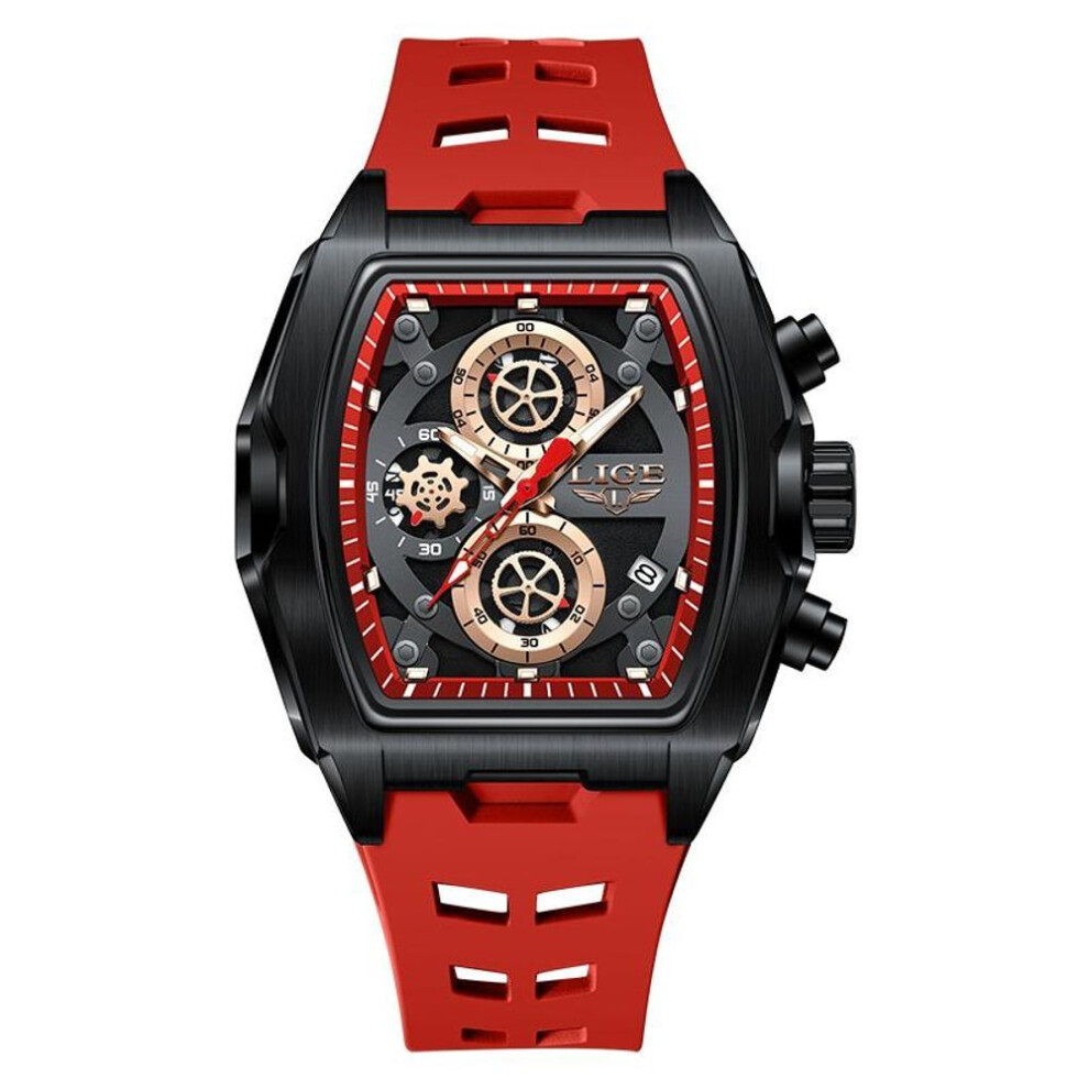 (red) LIGE Fashion Chronograph Men Watch Silicone Strap Multi-Function Dial Waterproof Luminous Men's Quartz Watch