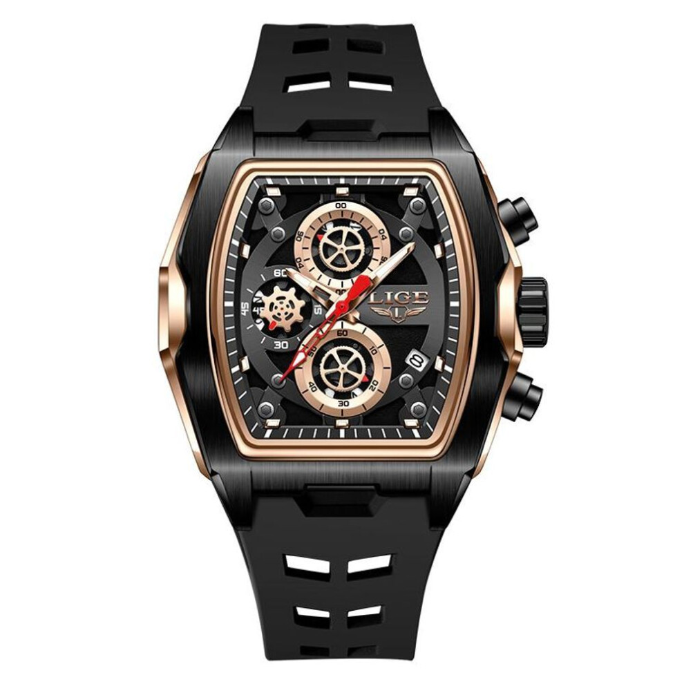 (rose gold,black) LIGE Fashion Chronograph Men Watch Silicone Strap Multi-Function Dial Waterproof Luminous Men's Quartz Watch