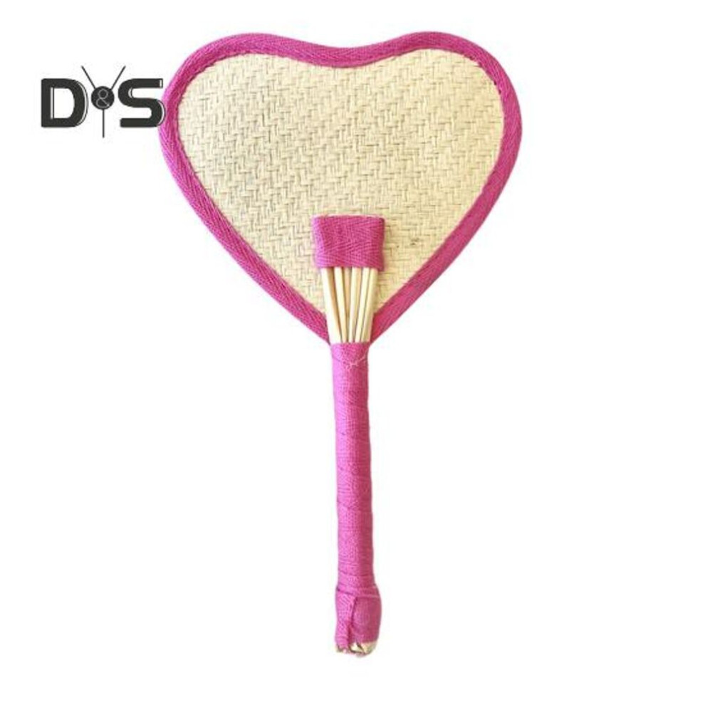 (rose red) Love Heart Handmade Weaving Fan With Colorful Edging Portable Natural Raffia Fan Woven Palm Leaf Handheld Fan Summer Cooling Fan