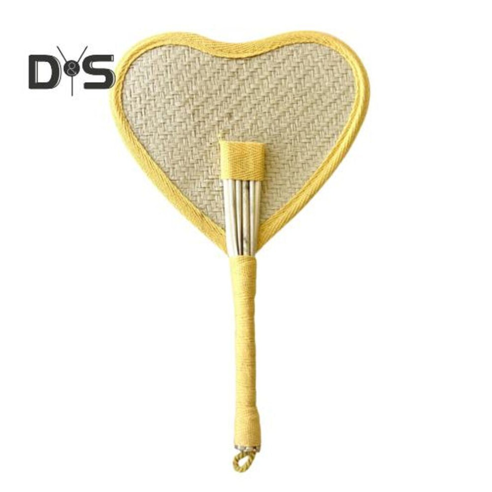 (yellow) Love Heart Handmade Weaving Fan With Colorful Edging Portable Natural Raffia Fan Woven Palm Leaf Handheld Fan Summer Cooling Fan