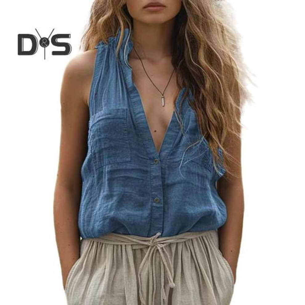 (L, blue) Women Summer Shirt Stand Collar V-Neck Sleeveless Buttons Placket Shirt Tops Solid Color Casual Shirt