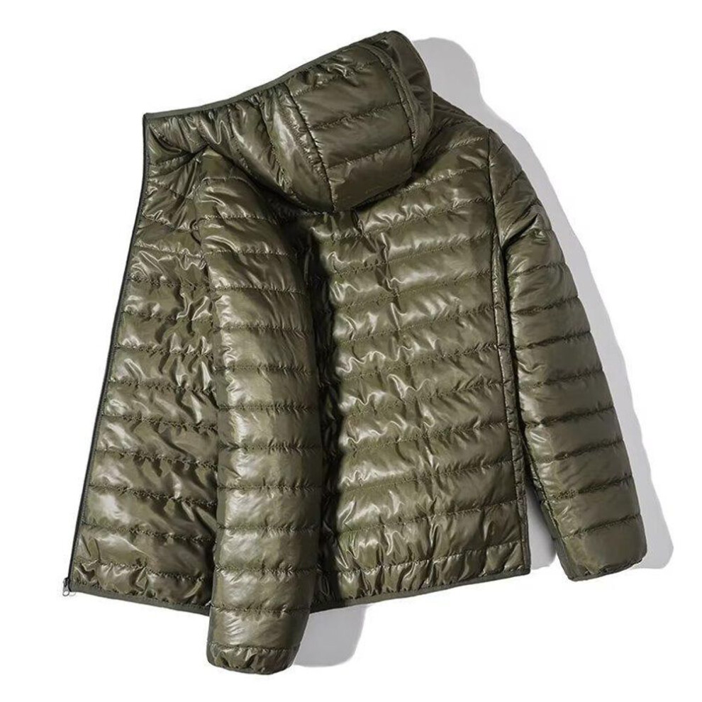 (green, L) Men's Lightweight Down Jacket with Stand Collar & Hood - Short Style for All Ages