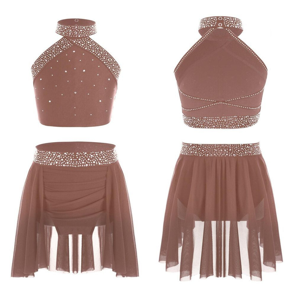 (pink, 7-8 Years) Kids Girls Lyrical Dance Set Modern Contemporary Costume Rhinestones Crop Top With Skirted Leotard Ice Skating Ballet Dancewear