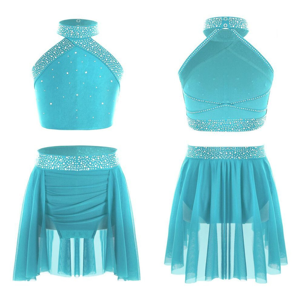 (blue,green, 7-8 Years) Kids Girls Lyrical Dance Set Modern Contemporary Costume Rhinestones Crop Top with Skirted Leotard Ice Skating Ballet Dancewear