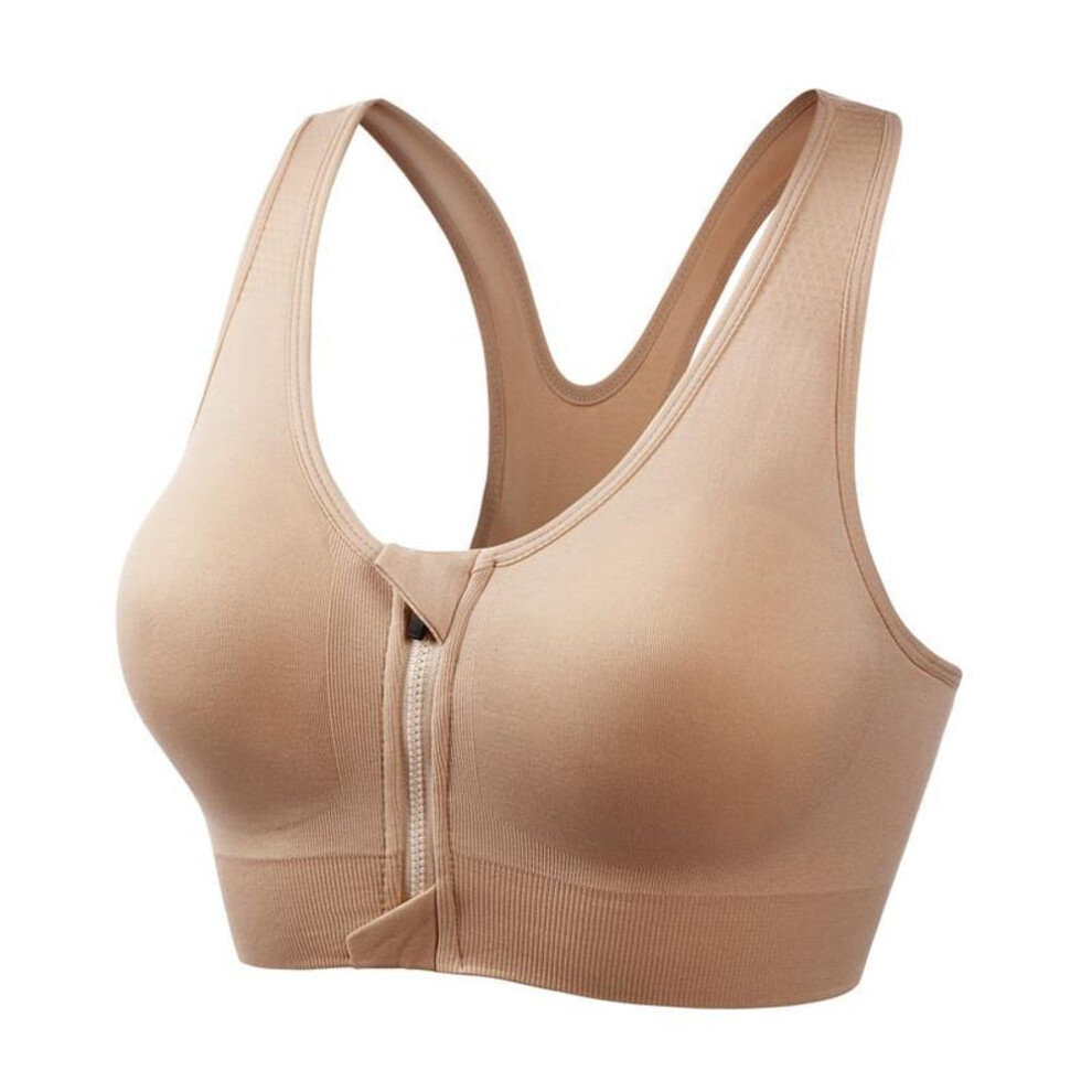 (nude, 2XL (155-175 lbs)) "Women's Plus Size Shockproof Wire-Free Sports Bra – Front Zipper, Breathable for Running & Yoga