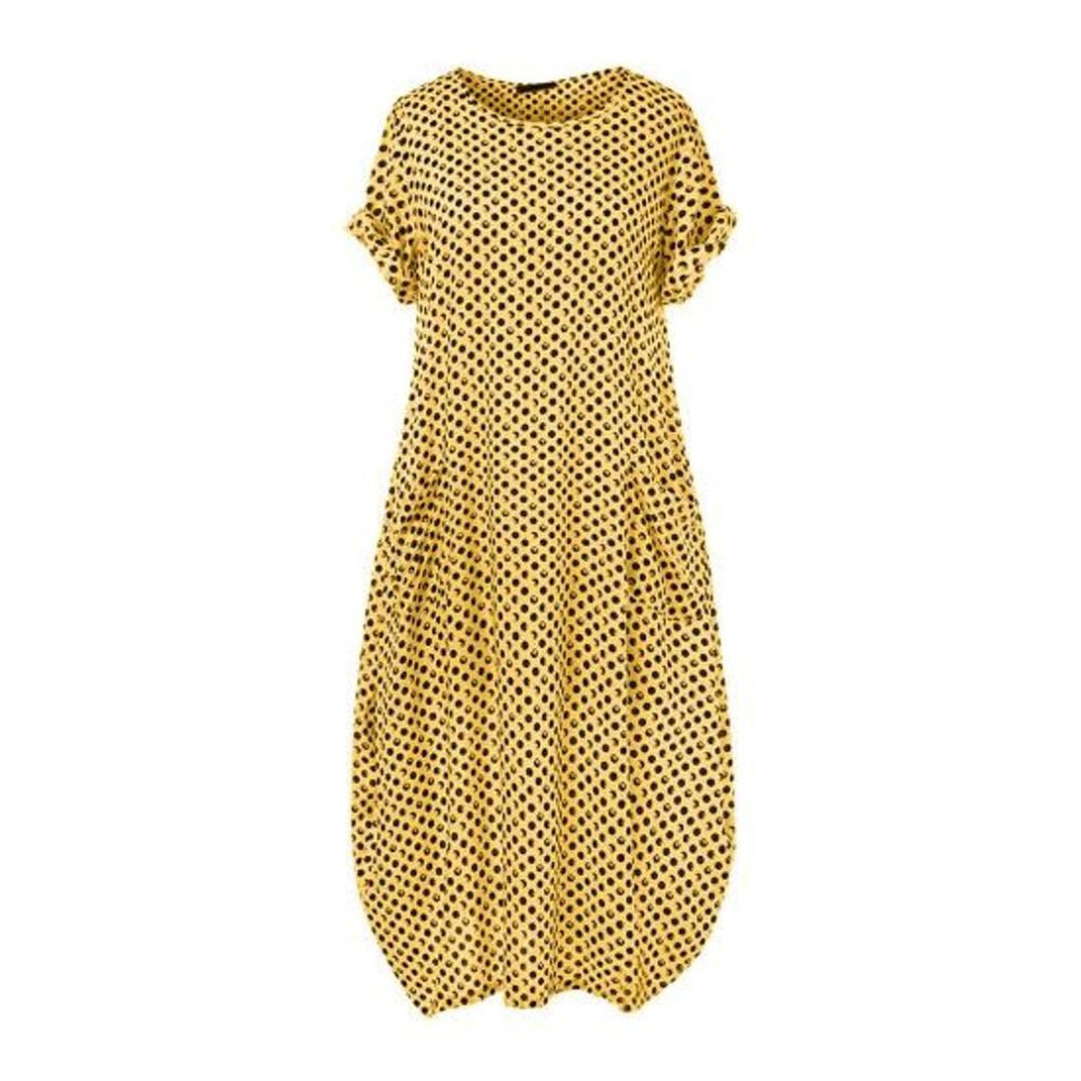 (yellow, XXL) Women Plus Size Dress Dot Printing Bohemian Style Vacation Maxi Dress Round Neck