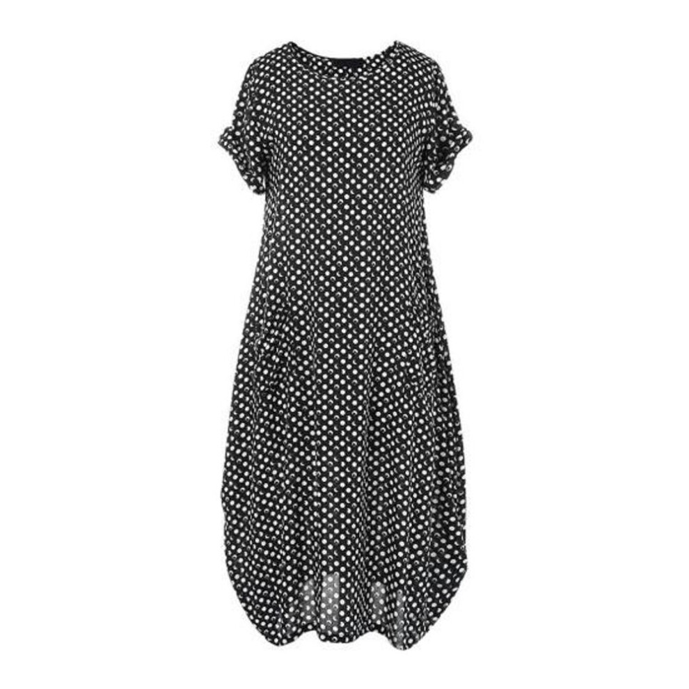 (black, M) Women Plus Size Dress Dot Printing Bohemian Style Vacation Maxi Dress Round Neck