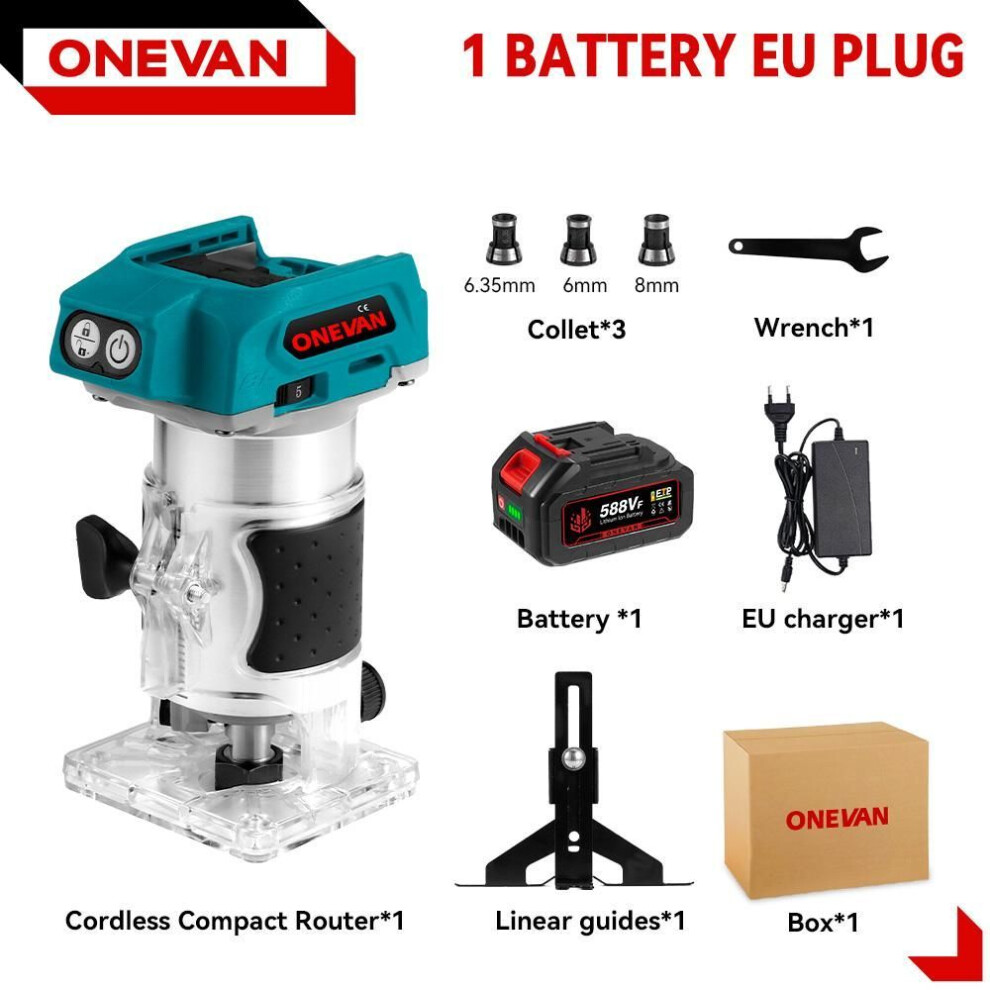 (1 Battery EU Plug) ONEVAN 5 Speeds Brushless Electric Hand Trimmer 1600W Cordless Wood Router Woodworking Engraving Slotting for Makita 18V Battery