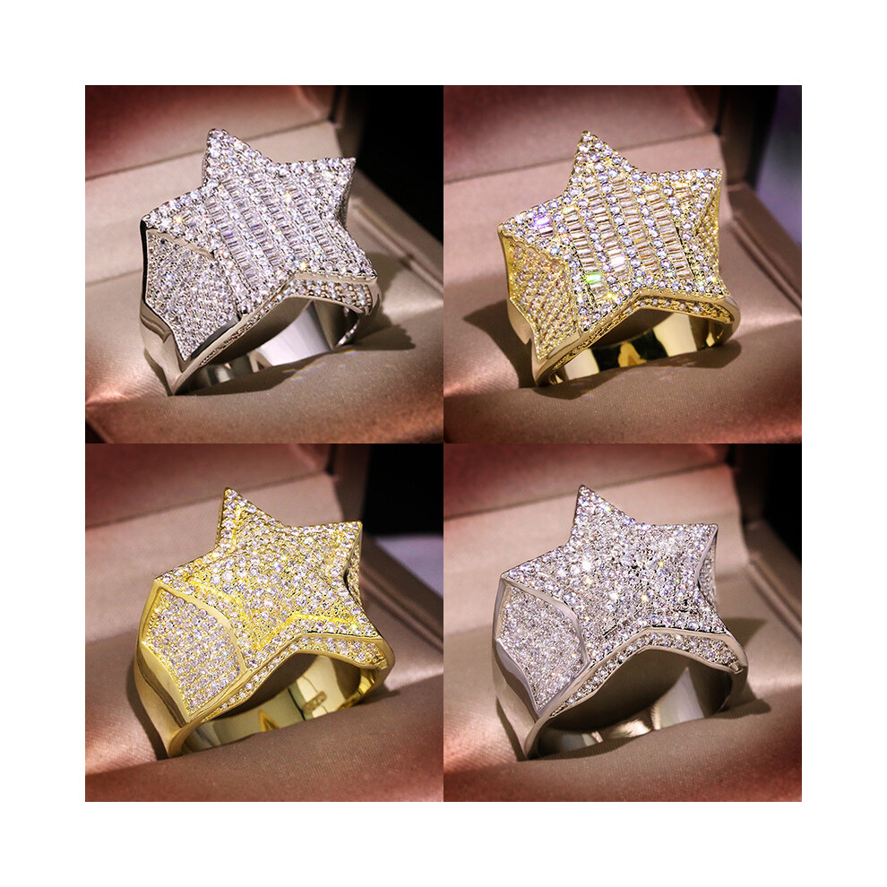(7KYRA0951) Bague Hip Hop Cinq Étoiles pour Homme Or Argent Couleur Glacé Zircone Cubique Bijoux Bague Cadeaux