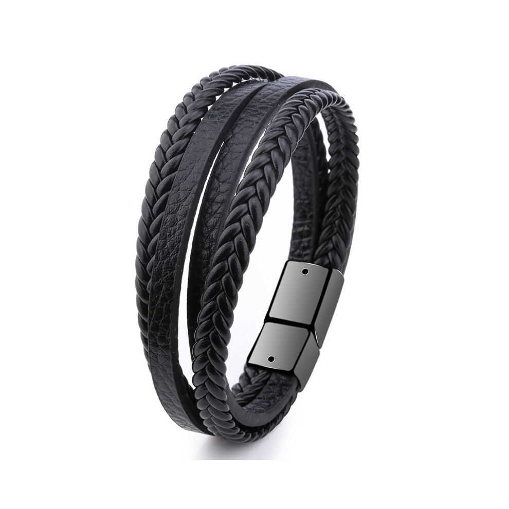 (BXXGM1014blackBlack)Conception simple et tendance Corde en cuir multicouche tissée à la main en acier inoxydable