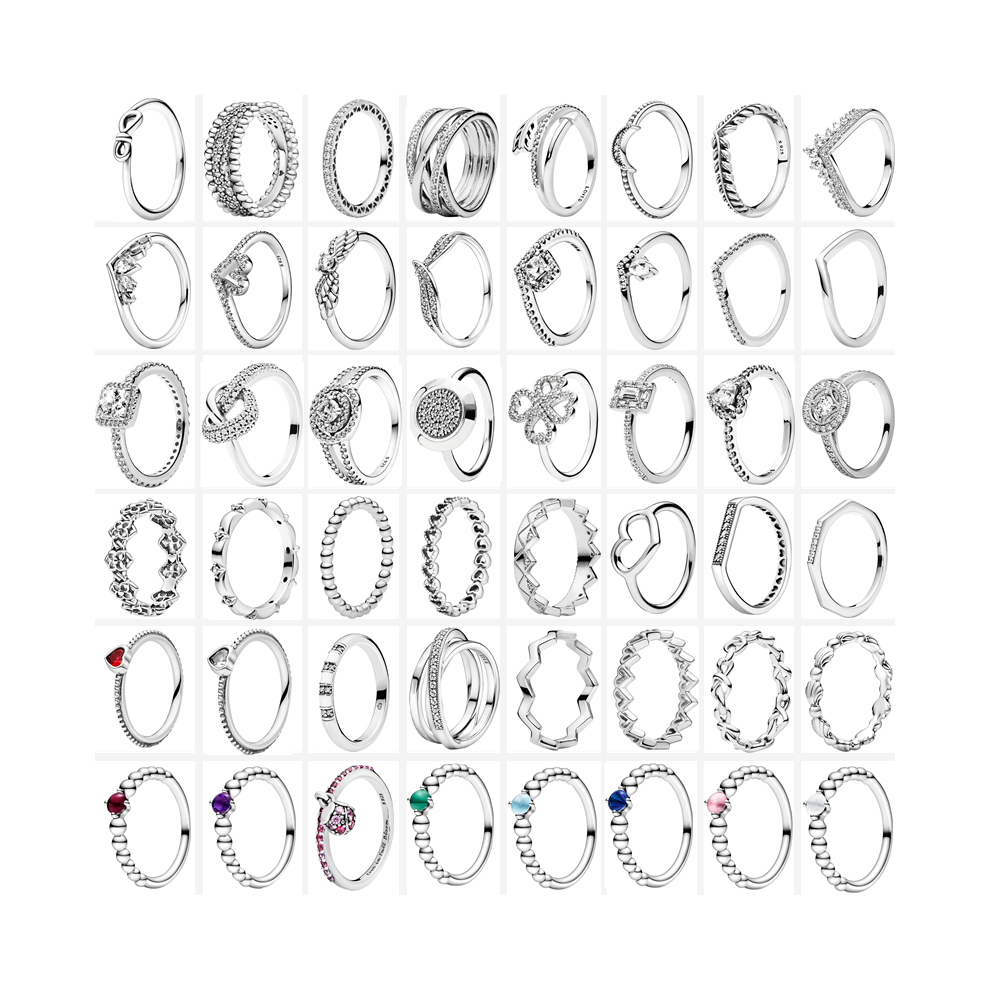 (811-JZ044) Nouvelles bagues de style couleur argent avec fleurs, plumes, perles, cœur, lune, pavé, étincelant,