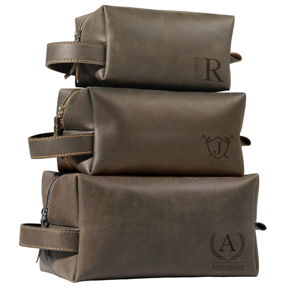 (Dark Brown, Engraved ) Personalized Toiletry Bag for Men, Custom Leather Travel Pouch Toiletry Bag Shaving Bag, Waterproof Dopp Kit Gift for Men, Boy-image-OPC-PHCVWKC-NEW