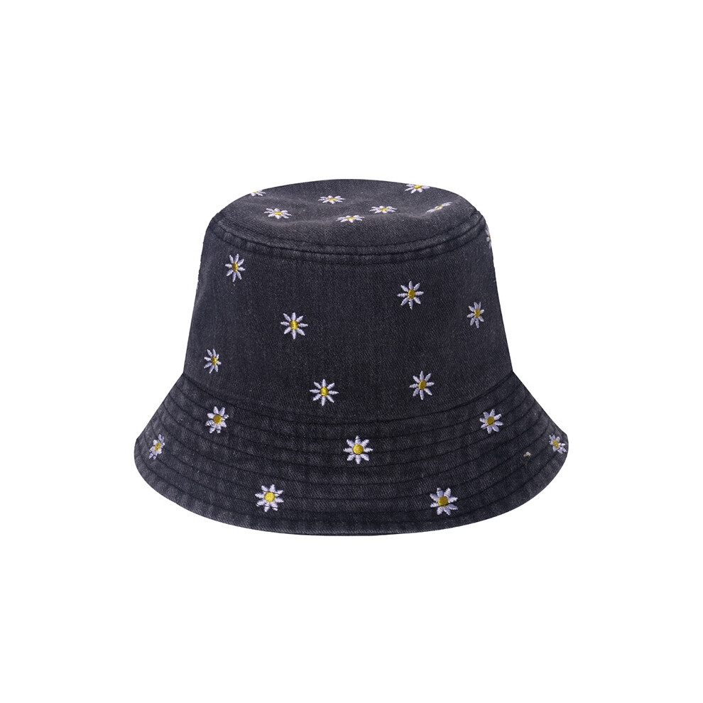 (Noir) Chapeau bob d'été en jean brodé Little Daisy pour homme, style pêcheur de printemps