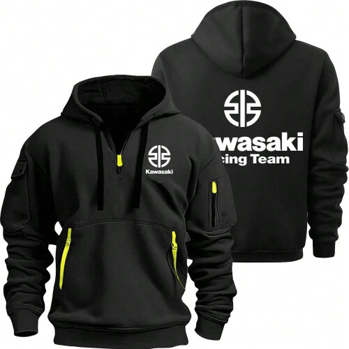 (black, XL) Kawasaki Logo Motorcycle Racing Team Men Half Zipper Hoodie Spring Autumn Male Sweatshirt 2025 New Sport Pullover Clothes