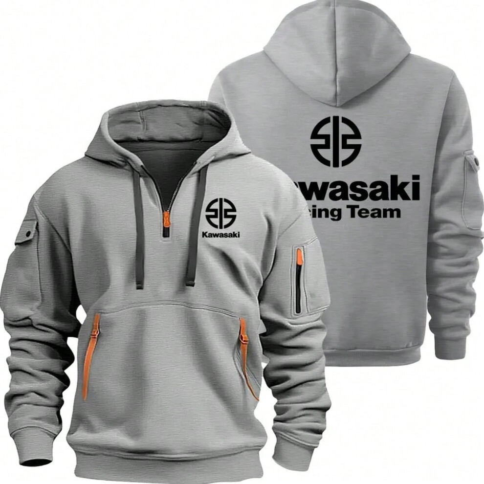 (GRAY, L) Kawasaki Logo Motorcycle Racing Team Men Half Zipper Hoodie Spring Autumn Male Sweatshirt 2025 New Sport Pullover Clothes