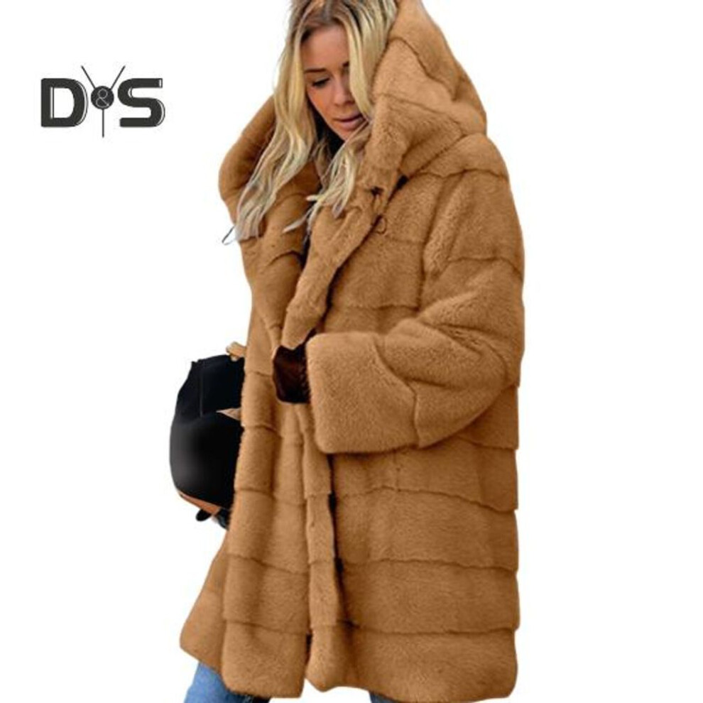 (tan, XXL) Women Winter Jacket Plus Size Faux Fur Loose Hooded Outerwear Mid-length Layered Thermal Plush Coat for Daily Work Outdoor
