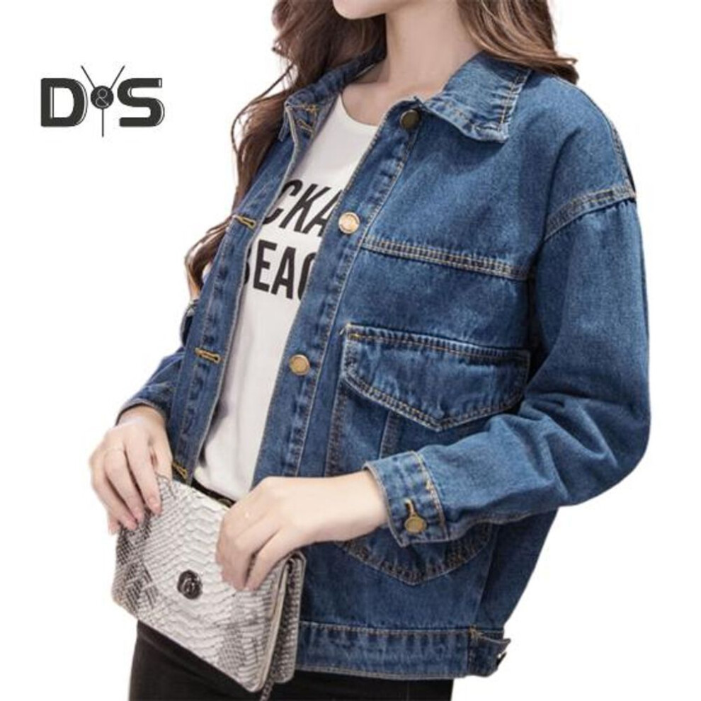 (dark blue, S) Winter Women Jacket Long Sleeves Turn-down Collar Chest Pockets Button Closure Coat Solid Color Casual Streetwear Denim Coat