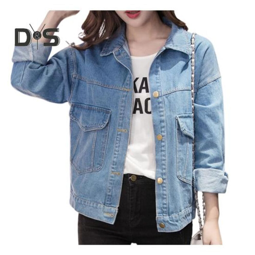 (light blue, S) Winter Women Jacket Long Sleeves Turn-down Collar Chest Pockets Button Closure Coat Solid Color Casual Streetwear Denim Coat