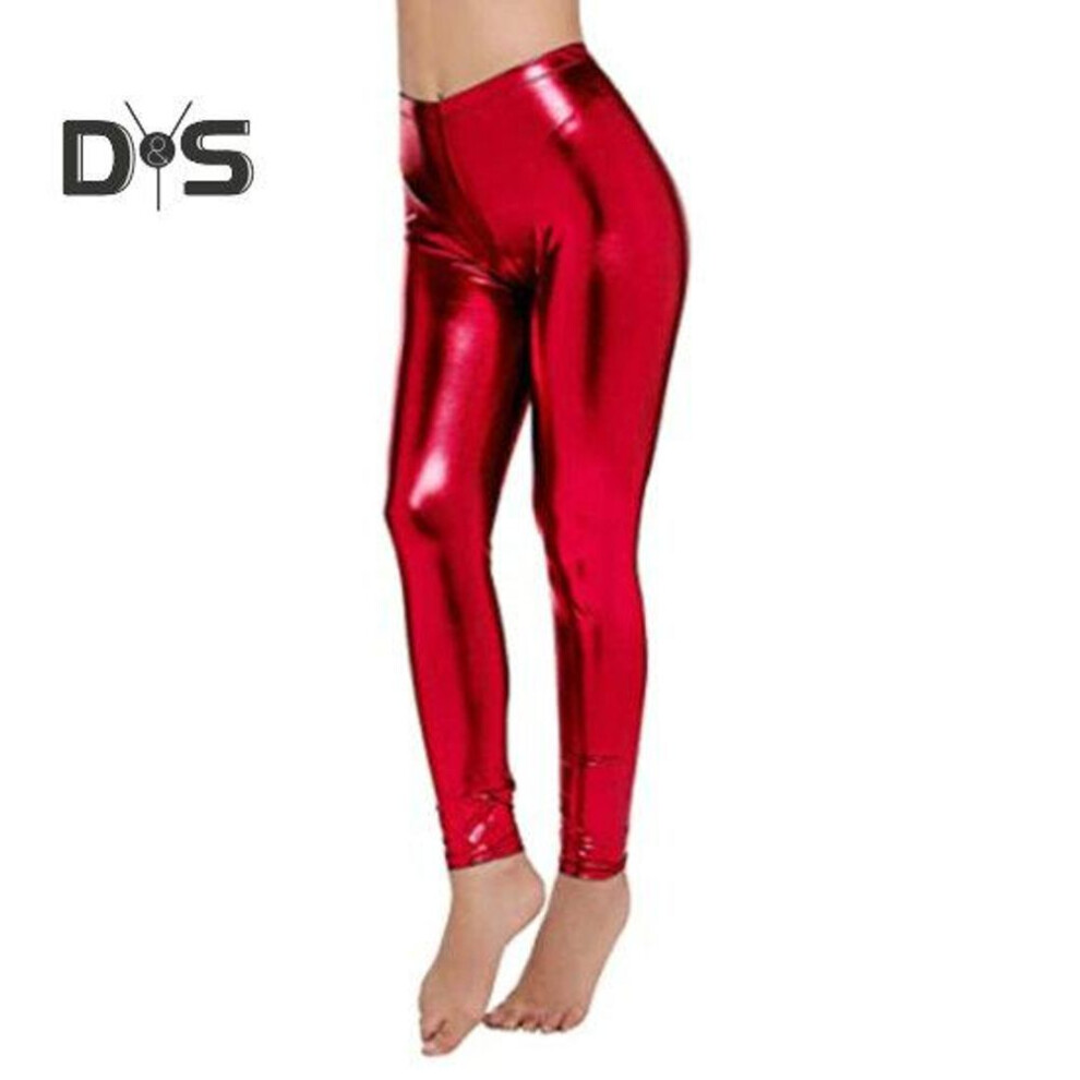 (red, XL) Women Pants Glossy Faux Leather Skinny Elastic High Waist Solid Color Smooth Soft Breathable Tummy Control Ankle Length Club Party Lady Long Trousers