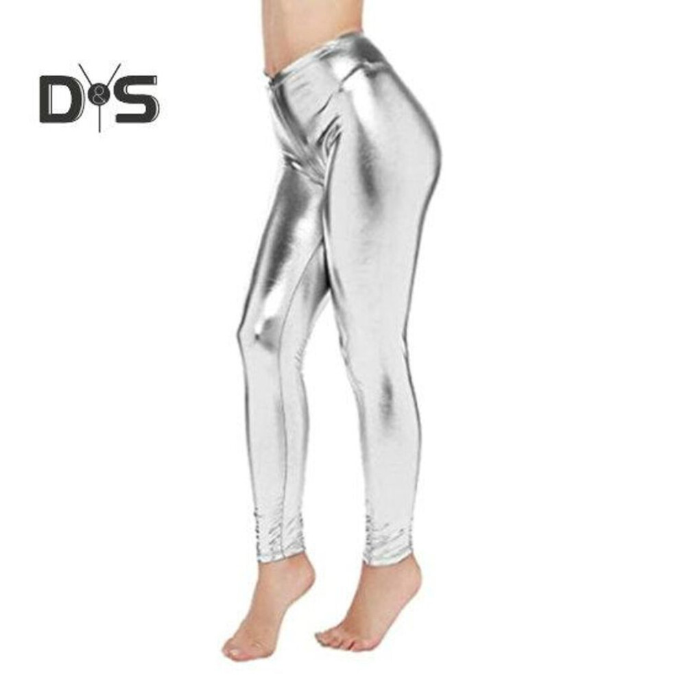 (silver, L) Women Pants Glossy Faux Leather Skinny Elastic High Waist Solid Color Smooth Soft Breathable Tummy Control Ankle Length Club Party Lady Long Trousers