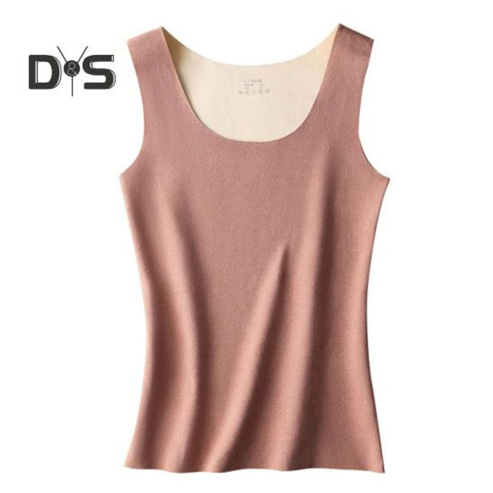 (coffee, 3XL) Autumn Winter DE Velvet Thermal Vest U neck Sleeveless Tank Top Solid Color Seamless Warm Underwear Bottoming Tops