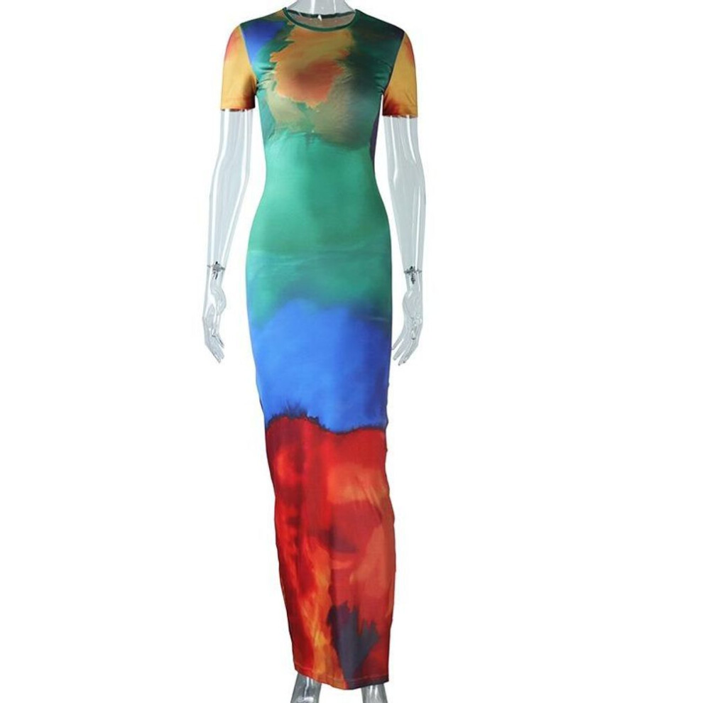 (multicolor, M) Women's Fashion Round Neck Dress Painted Print Flower Short Sleeve Jumper Dress Color Contrast Waist Irregular Dress