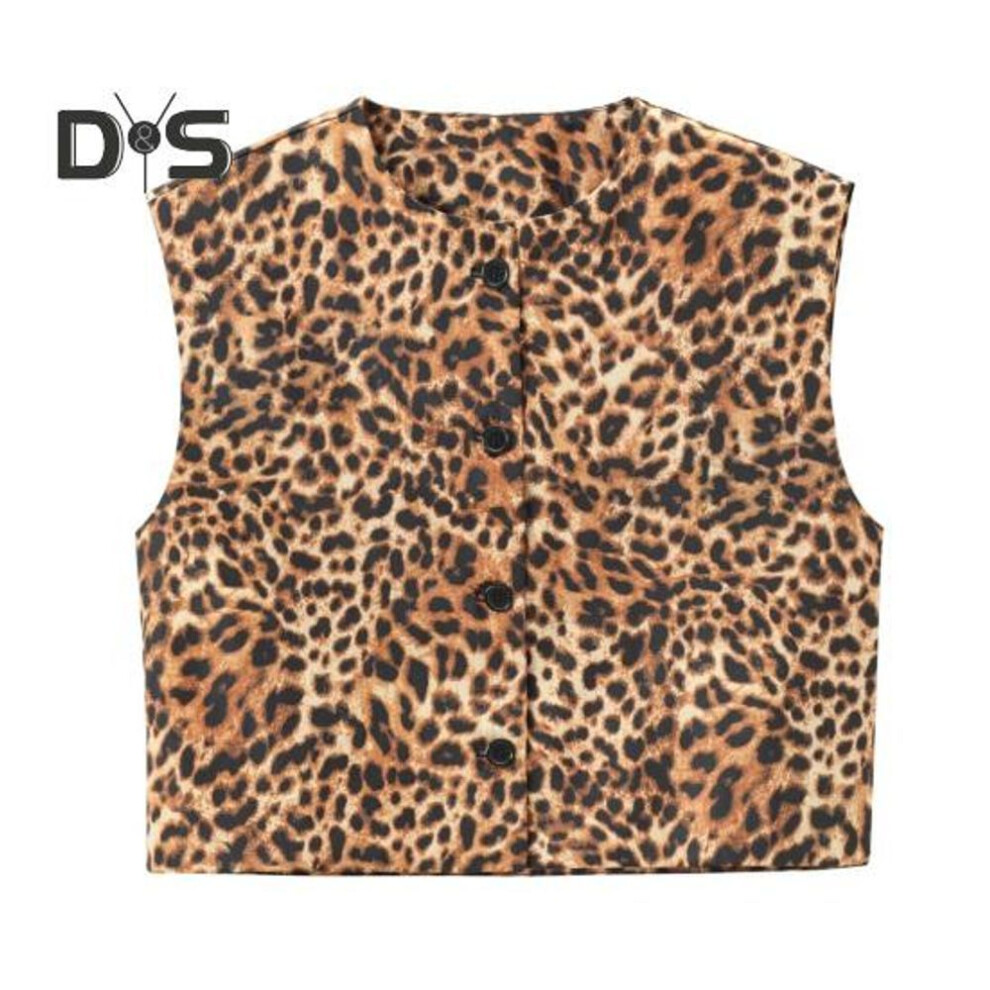 (brown, L) Women Vest Single-breasted Sleeveless Round Neck Solid Color Leopard Print Button Commuting Dating Casual Short Type Daily Wear Coat