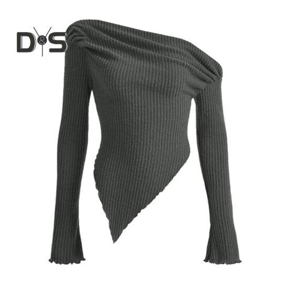 (S, dark gray) Women Knitting Tops Sexy Sloped Shoulder Collar Irregular Hem Pullover Tops Solid Color Ribbed Blouse