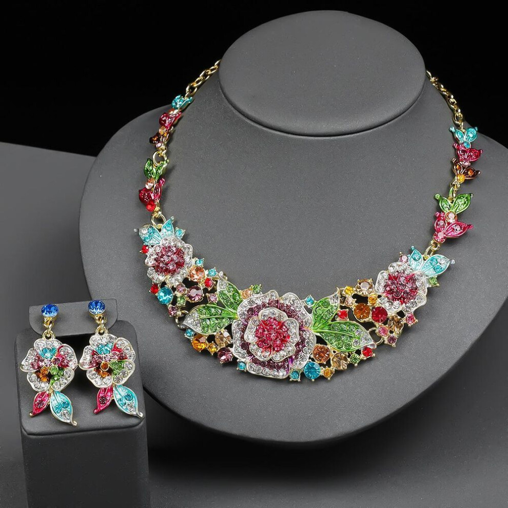 (multicolor) Women Colorful Flower Necklace Earring Jewelry Sets Wedding Bridal Accessories