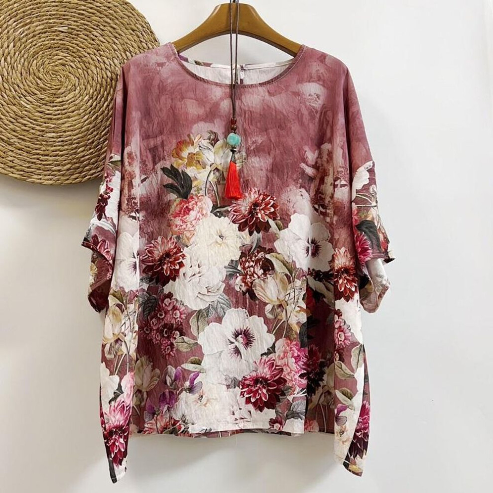 DIMANAF 2025 Summer Plus Size New T-Shirt Linen Women Short Sleeve Loose Flower Printing Oversized Tops Tees