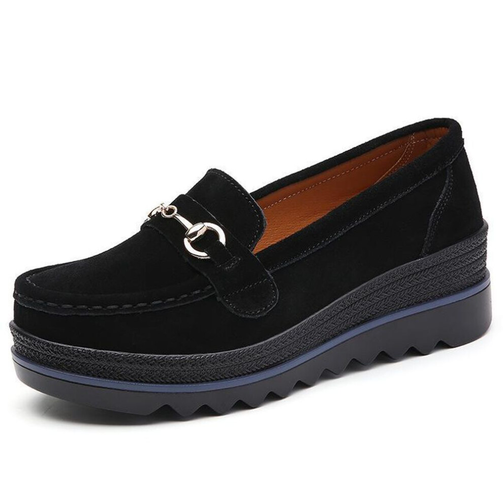 (black, 36) Genuine Leather Platform Slip-On Women's Shoes - Large Size, Comfortable, All-Match, Korean Style for Spring & Autumn