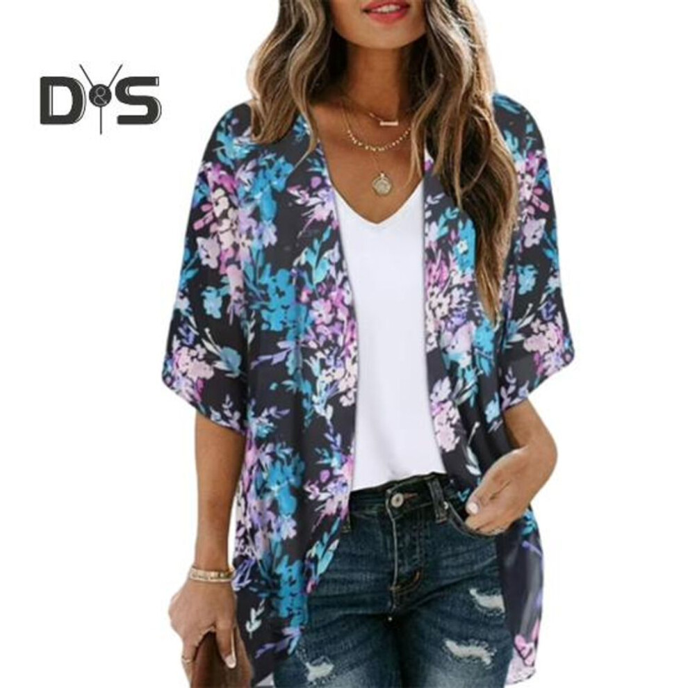 (XXL, navy blue) Women Chiffon Shirt V-Neck Half-Sleeve Digital 3D Print Breathable Sunscreen Cardigan Coat Open Front Mid-length Coat