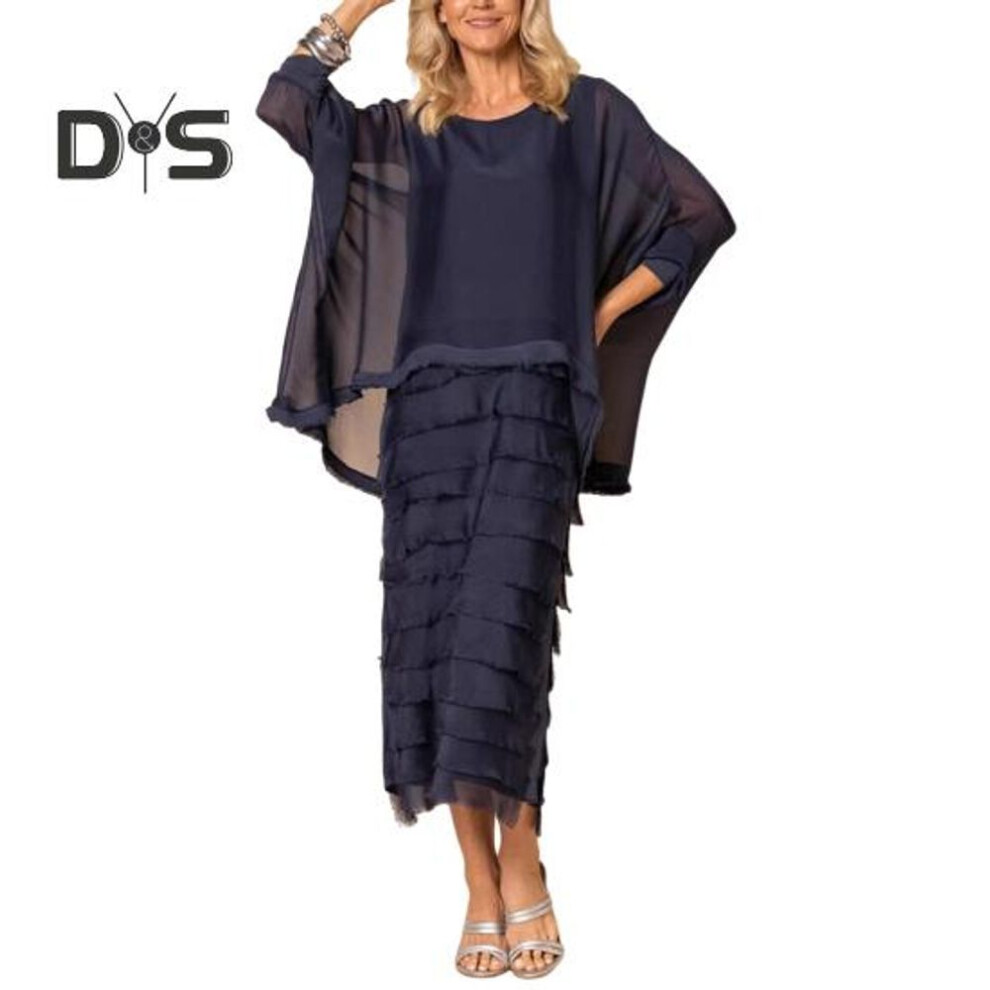 (navy blue, S) Fake Two-piece Dress with Long Sleeve Shawl Double-layered Chiffon Dress Round Neck Solid Color Layered Ripped Hem Spring Summer Maxi Dress