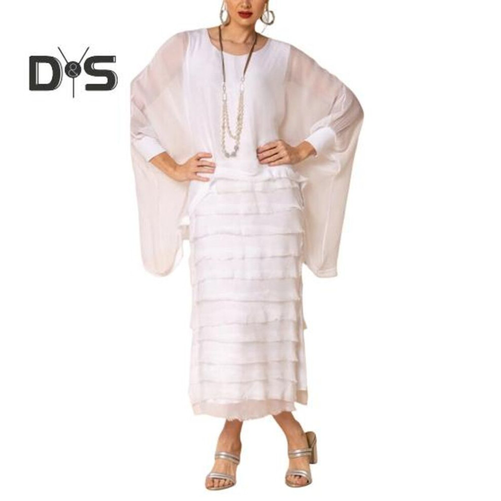 (white, XXL) Fake Two-piece Dress with Long Sleeve Shawl Double-layered Chiffon Dress Round Neck Solid Color Layered Ripped Hem Spring Summer Maxi Dress