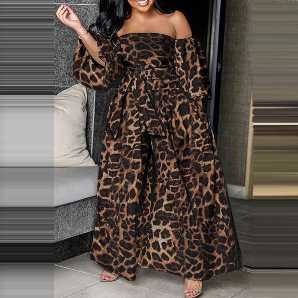 (brown, XL) Women Plus Size Off Shoulder Leopard Print 3/4 Sleeve Dresses