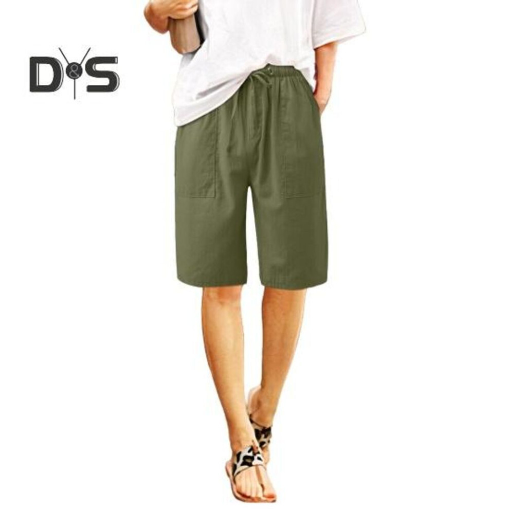 (army green, 2XL) Women's Cotton Linen Summer Shorts Casual Wide Leg Drawstring Shorts with Pockets Knee Length Trunks for Outdoor Beach Vacation