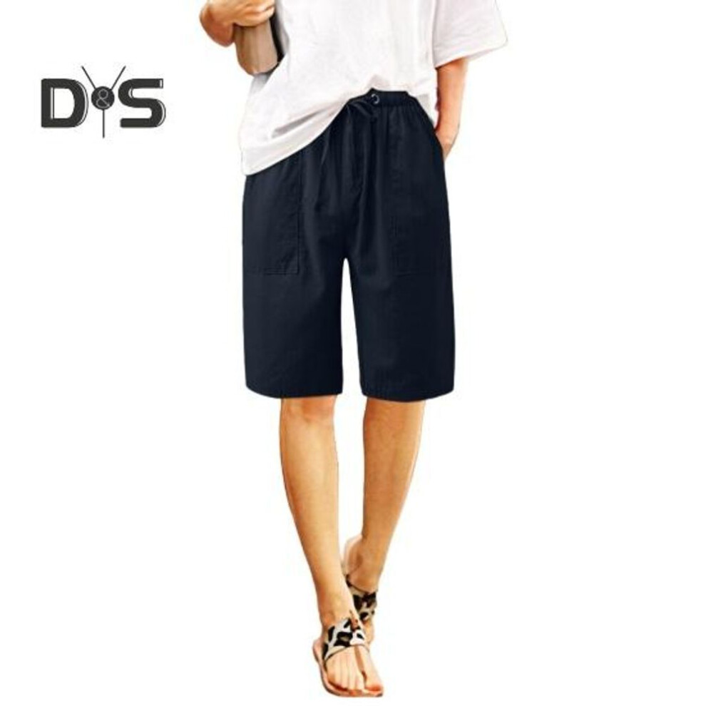 (dark blue, M) Women's Cotton Linen Summer Shorts Casual Wide Leg Drawstring Shorts With Pockets Knee Length Trunks For Outdoor Beach Vacation