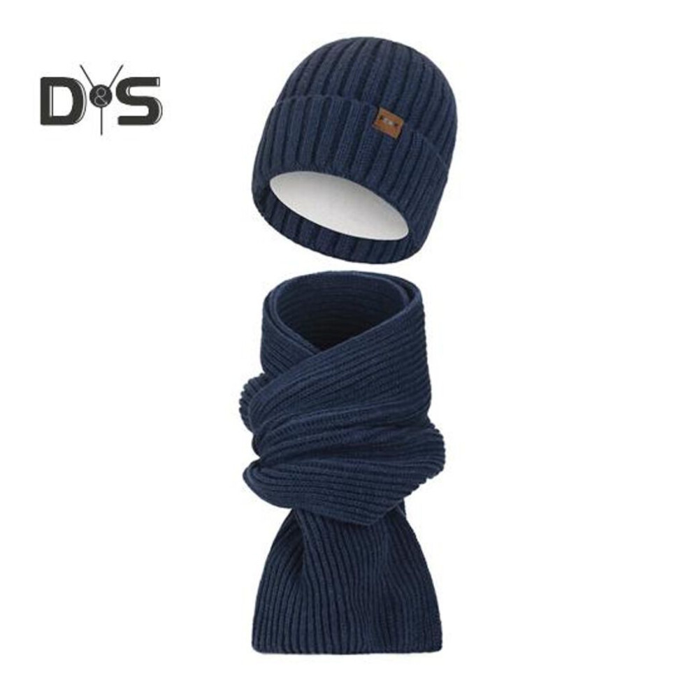 (navy blue) 2 Pcs/Set Unisex Winter Hat And Scarf Set Thick Plush-lined Cold-proof Beanie Unisex Neck Cover Outdoor Ski Skating Cycling Scarf Cap Set