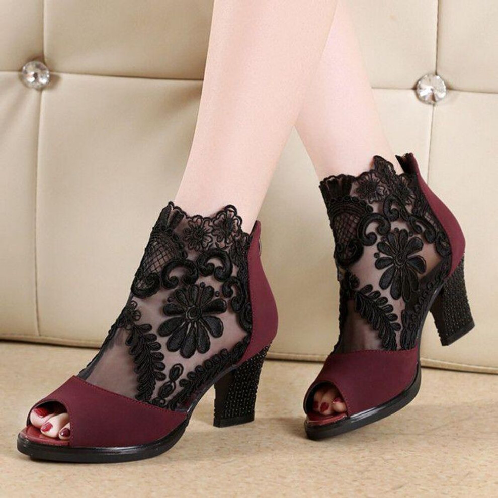 (red, 36RU/CN37) Women's Fashion Hollow-out Zipper Thick Heel Shoes Mesh Coarse Heels Lace Fish Mouth Sandals