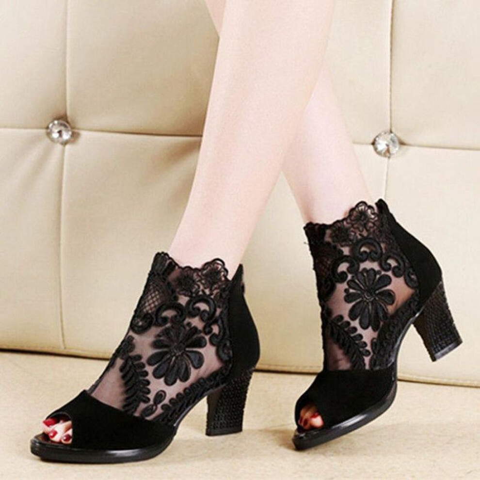 (black, 37EU/CN38) Women's Fashion Hollow-out Zipper Thick Heel Shoes Mesh Coarse Heels Lace Fish Mouth Sandals