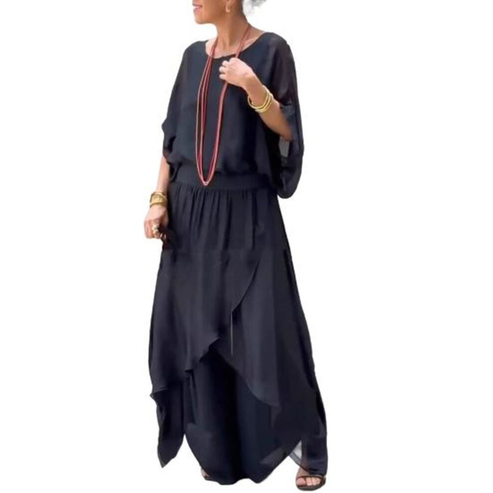 (black, S) Women's Casual Two Piece Chiffon Set Plus Size Mother of Bride Dressy Suit Crew Neck Top Wide Leg Pant Flowy Wedding Guest Outfit