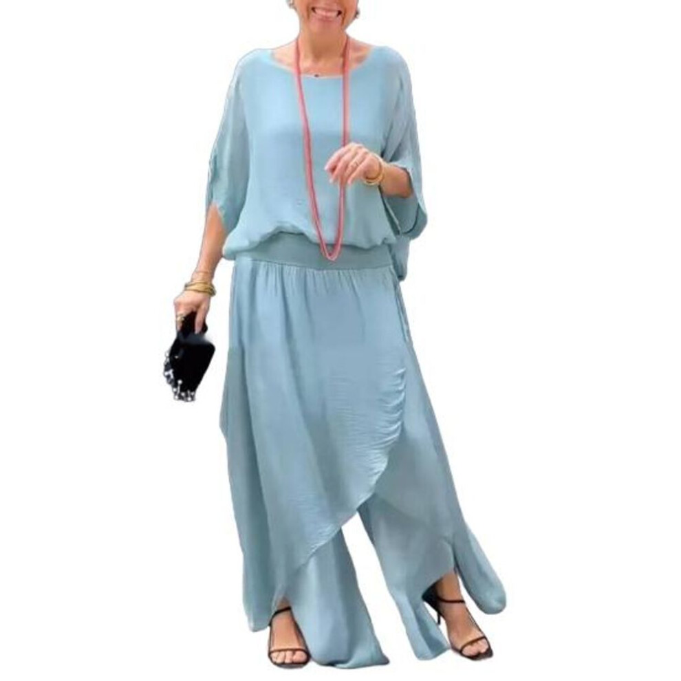 (light blue, S) Women's Casual Two Piece Chiffon Set Plus Size Mother of Bride Dressy Suit Crew Neck Top Wide Leg Pant Flowy Wedding Guest Outfit