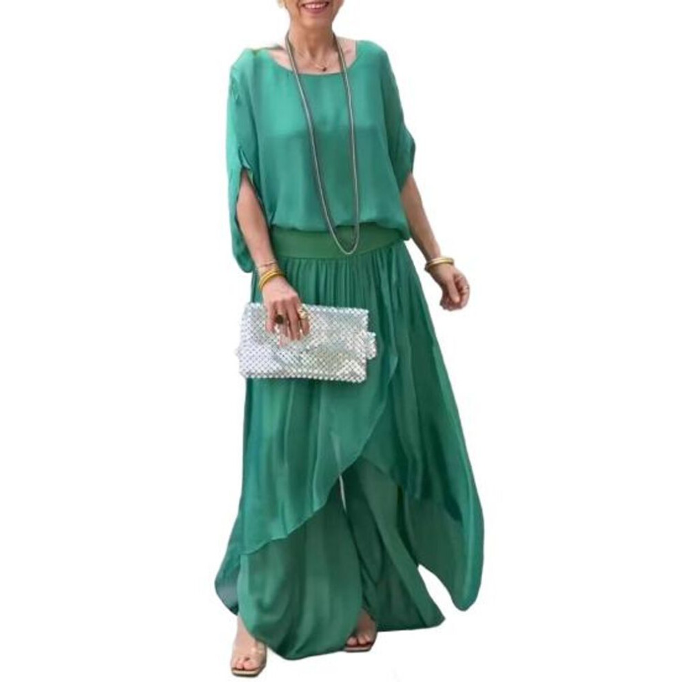 (green, M) Women's Casual Two Piece Chiffon Set Plus Size Mother of Bride Dressy Suit Crew Neck Top Wide Leg Pant Flowy Wedding Guest Outfit