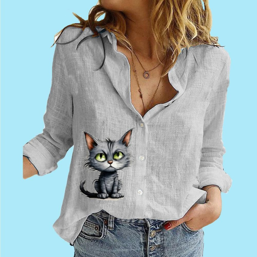 (M, grey) Women Fashion Buttoned Long Sleeve Shirt Ladies Casual Thin Cotton Linen Print Top Stand Neck Long Sleeved Blouses